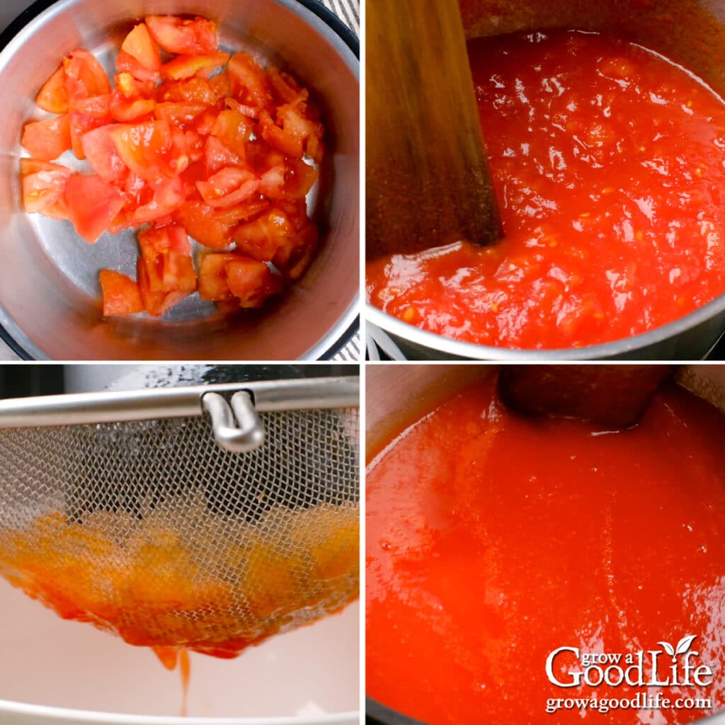 Illustrated steps for making the sauce from fresh tomatoes.